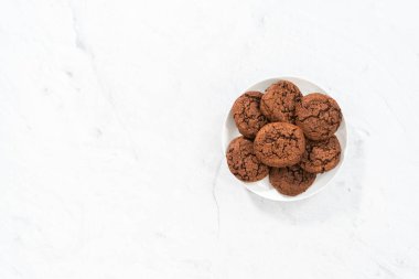 Düz yatıyordu. Taze pişmiş çifte çikolatalı kurabiyeler beyaz tabakta..