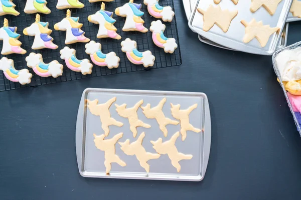 Pose Plate Décorer Les Biscuits Sucre Sur Thème Licorne Avec — Photo