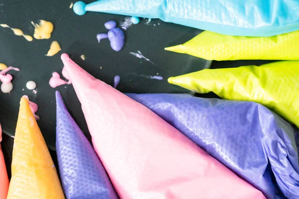 Close Colorful Piping Bags Royal Ising Table — Stock Photo, Image