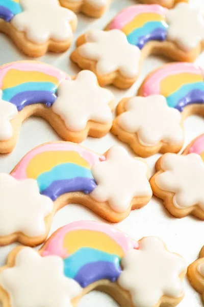 Close Decorating Unicorn Themed Sugar Cookies Royal Icing — Stock Photo, Image