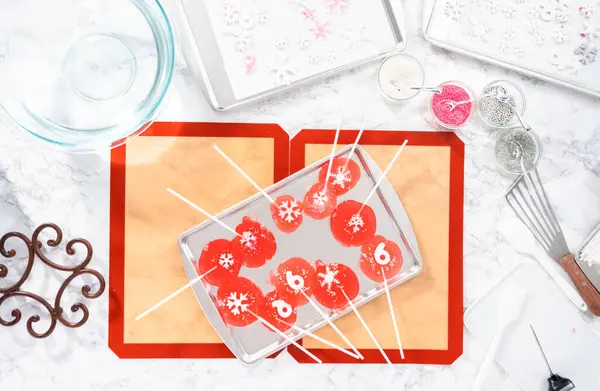 Flat Lay Making Homemade Berry Flavor Lollipops Snowflakes — Stock Photo, Image