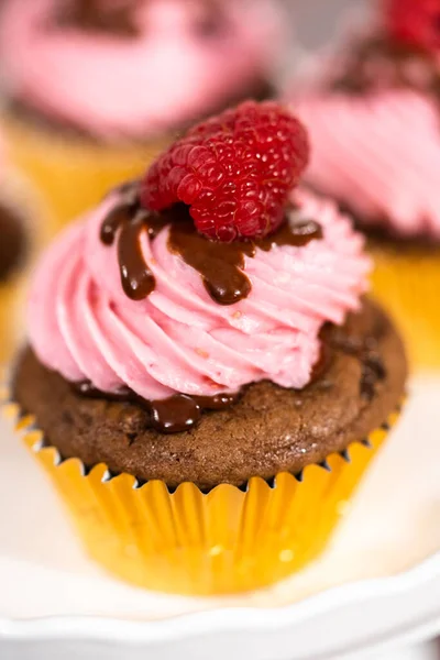 Gourmet Schokolade Himbeer Cupcakes Mit Schokolade Ganache Beträufelt Und Mit — Stockfoto