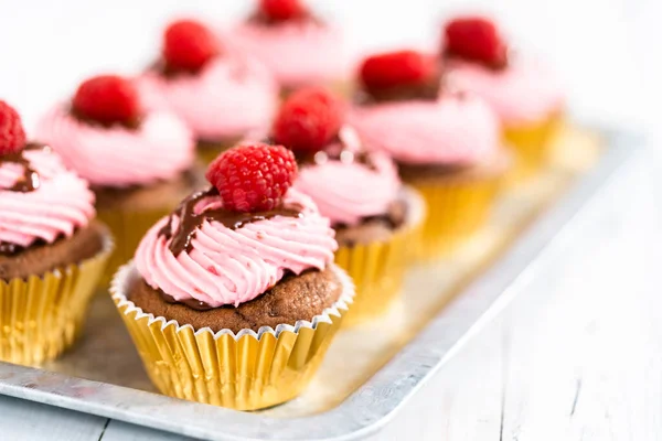 Cupcakes Framboesa Chocolate Gourmet Drizzled Com Ganache Chocolate Coberto Com — Fotografia de Stock