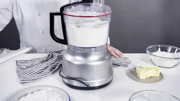 Mixing Ingredients Food Processor Prepare Homemade Coconut Cookies — Stock Photo, Image