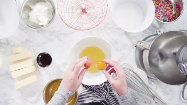 Flach Lag Schritt Für Schritt Zutaten Stehenden Küchenmixer Funfetti Kuchen — Stockvideo