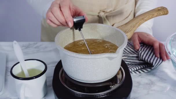 Karameliserende Suiker Steelpan Zelfgemaakte Lolly Maken — Stockvideo