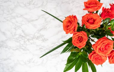 Düz yatıyordu. Cam vazoda yeşil yapraklı kırmızı güller..