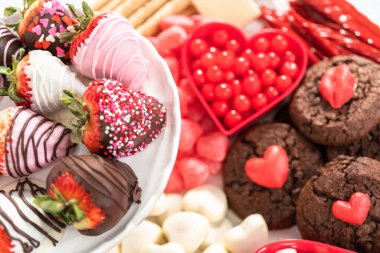 Çeşitli kurabiye ve şekerlemelerle Sevgililer Günü peynir tahtası.