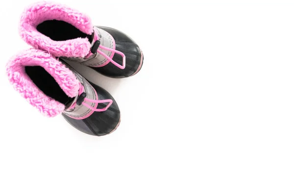 Pequena Menina Rosa Cinza Botas Inverno Quentes Impermeáveis Fundo Branco — Fotografia de Stock