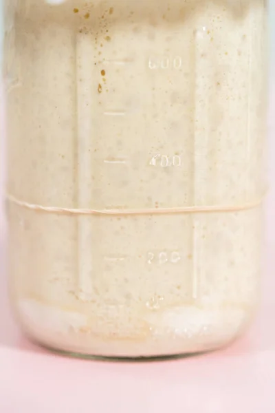 Feeding Sourdough Starter Glass Mason Jar Baking Artisan Bread — Stock Photo, Image