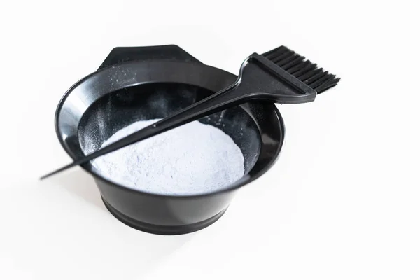 Hair Color Dye Powder Black Plastic Mixing Bowl White Background — Stock Photo, Image