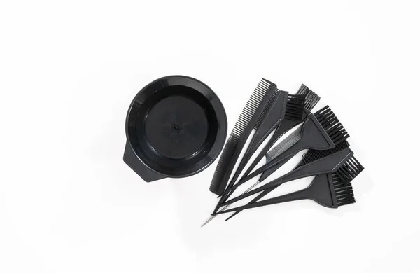 Deitado Kit Tintura Cor Cabelo Preto Com Tigela Mistura Fundo — Fotografia de Stock