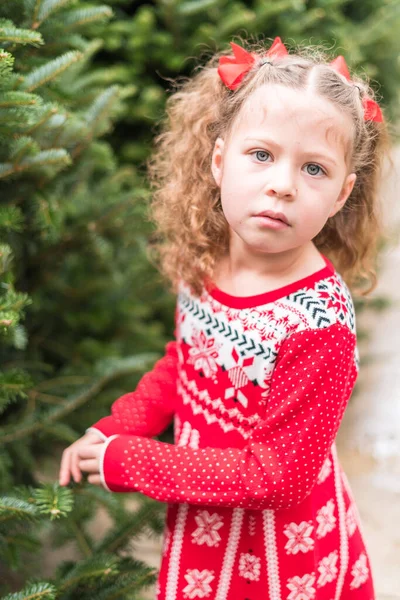 Klein Meisje Rode Jurk Kerstboom Boerderij — Stockfoto