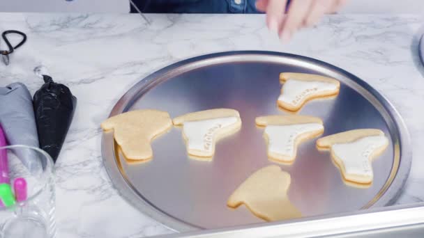 Decorar Patins Gelo Forma Biscoitos Açúcar Com Gelo Real Cor — Vídeo de Stock