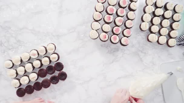 Cupcake Pan Bekleed Met Folie Cupcake Cups Chocolade Framboos Cupcakes — Stockvideo