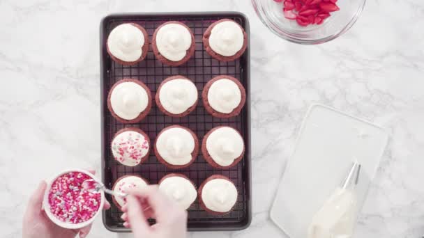 Cupcake Patelnia Wyłożona Filiżanek Babeczek Foliowych Pieczenia Czekoladowych Babeczek Malinowych — Wideo stockowe