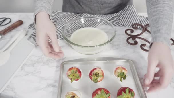 Fresas Orgánicas Sumergidas Chocolate Derretido — Vídeo de stock