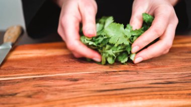 Adım adım. Pancar çorbası ve borş için taze maydanoz dilimliyorum..