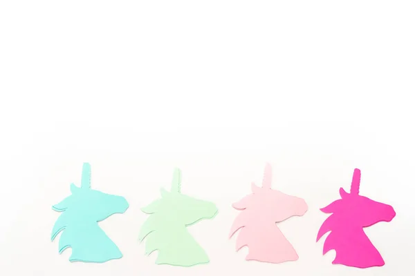 Flat Lay Colorful Unicorn Paper Cutouts White Background — Stock Photo, Image