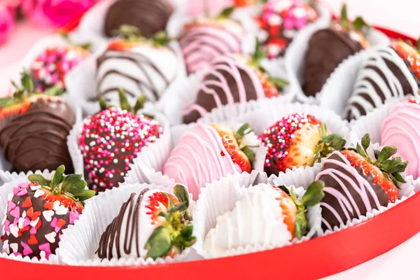 Variety Chocolate Dipped Strawberries Heart Shaped Box — Stock Photo, Image