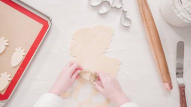 Adım adım. Düz yatıyordu. Paskalya şekilli kurabiye kesicilerle şekerli kurabiye hamuru kesiyorum..