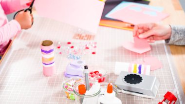 Çocuk kâğıtları. Boş tuvalet kağıdı rulolarından ve inşaat kağıdından kağıt hataları yapmak.