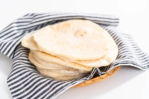 Stack Freshly Baked Flatbread Wrapped Kitchen Towel — Stock Photo, Image