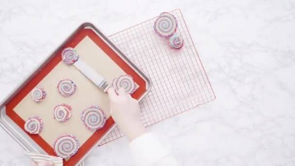 Hűtés Piros Fehér Kék Kerék Cukor Cookie Hűtő Rack Desszert — Stock videók