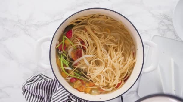 Flat Lay Step Step Serving One Pot Pasta White Pasta — Stock Video