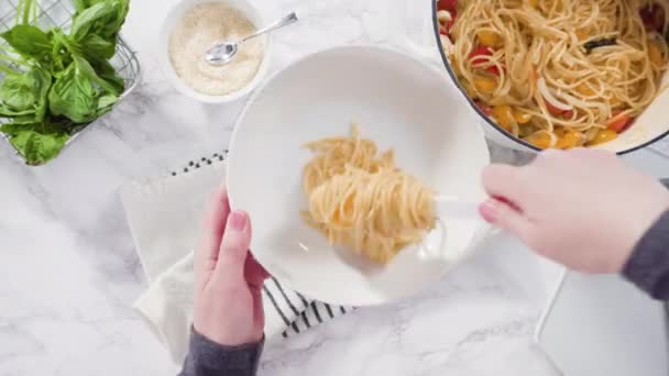 Flat Lay Step Step Serving One Pot Pasta White Pasta — Stock Video