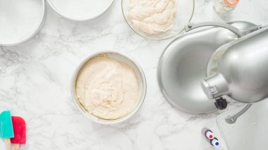 Adım adım. Düz yatıyordu. Üç katlı vanilyalı kek pişirmek için kek hamurlarını kek kalıbına döküyorum..