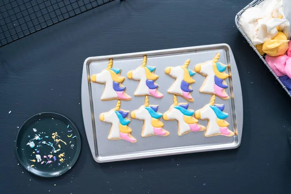 Flat Lay Decorating Unicorn Sugar Cookies Royal Icing — Stock Photo, Image