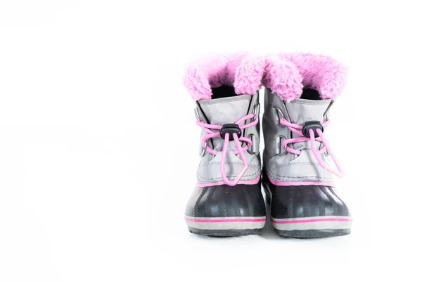 Pequena Menina Rosa Cinza Botas Inverno Quentes Impermeáveis Fundo Branco — Fotografia de Stock