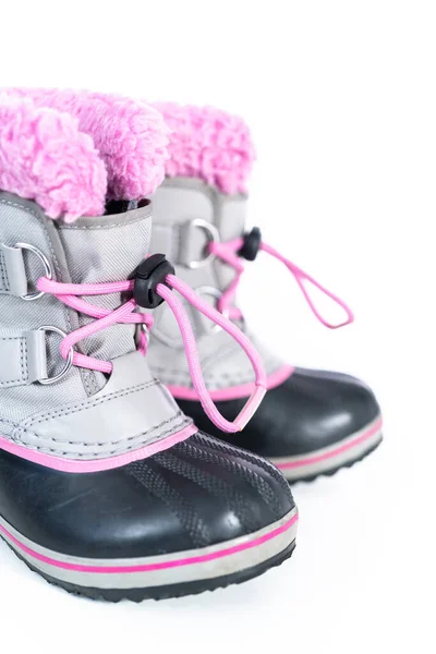 Pequena Menina Rosa Cinza Botas Inverno Quentes Impermeáveis Fundo Branco — Fotografia de Stock