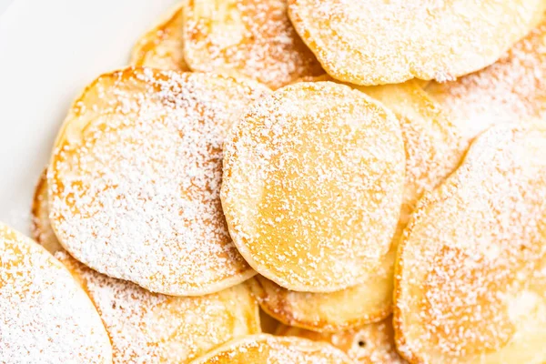 Flat Lay Freshly Made Small Pancakes Kefir Base Garnished Powdered — Stock Photo, Image