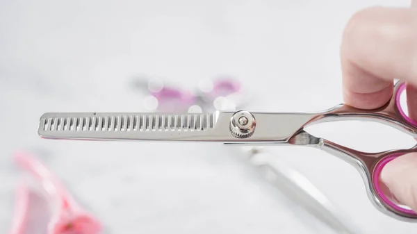 Flat Lay Pink Hair Cutting Scissors Set — Stock Photo, Image