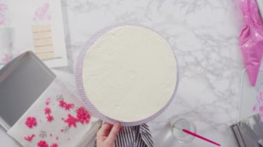 Düz yatıyordu. Adım adım. Yuvarlak funfetti pastasını pembe ve beyaz fondant kar taneleriyle süslüyorum..