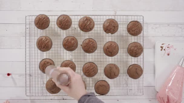 Flad Frosting Chokolade Cupcakes Med Hindbær Flødeost Buttercream – Stock-video