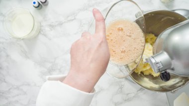 Adım adım. Düz yatıyordu. Üç katlı vanilyalı kek pişirmek için mutfak mikserinin malzemelerini karıştırıyorum..