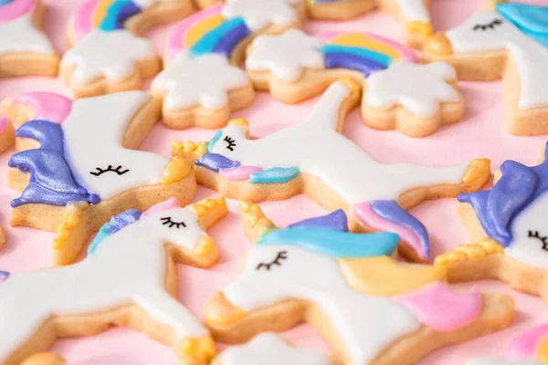 Unicorn Sugar Cookies Decorated Royal Icing Food Glitter Pink Background — Stock Photo, Image