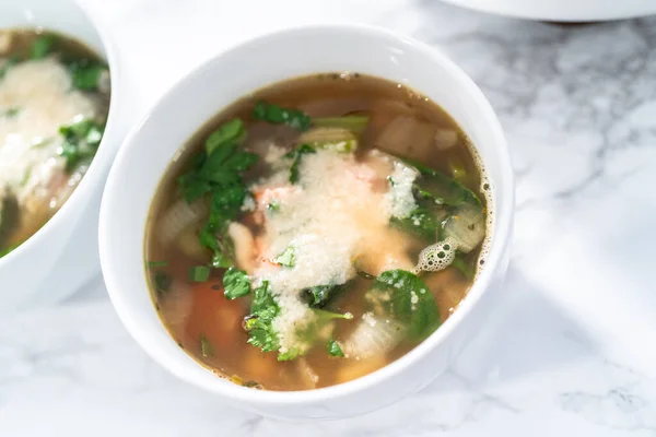 Sopa Frijoles Blancos Vegetarianos Recién Cocidos Tazón Blanco — Foto de Stock