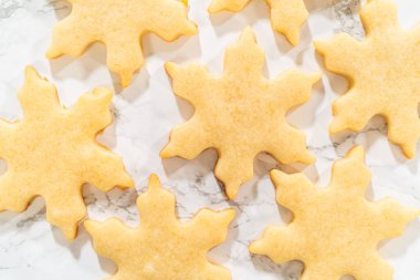 Çıtır çıtır kar taneli kurabiyeler, onların mükemmel şenlikli tasarımı ve pürüzsüz dokusunu vurgulayarak yakından çekildi..