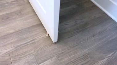 Yakın plan çekimde beyaz kapının kenarı, ahşap döşeme ile birleşiyor. İç detay karşıtlığı ve temiz yapıyı vurguluyor.