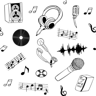 Müziğin teması üzerinde kusursuz bir çizim. Mikrofon, hoparlör, notlar, kulaklıklar ve disklerle vektör görüntüsü