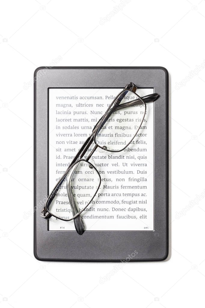 Book reader and reading glasses on white backgrounds.