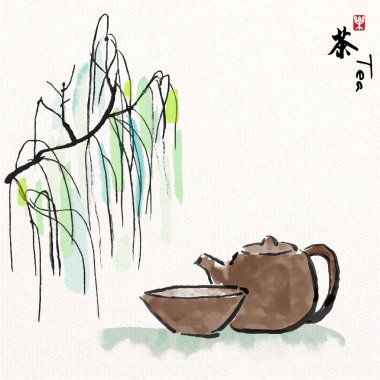 Asya çay seti ve Çin resim sanat tarzı ile söğüt, Chines