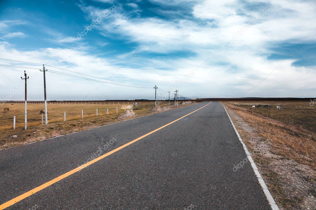 Asphalt road in the steppe at Inner Mongolia in northern China