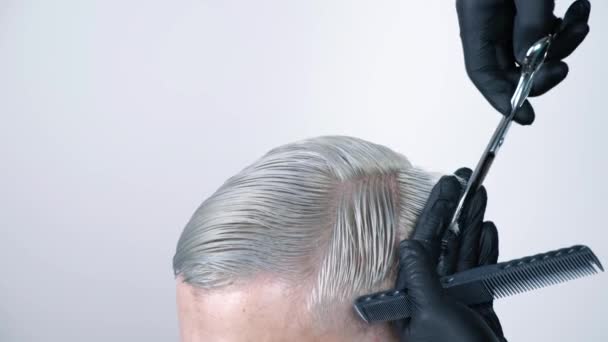 Homem recebendo corte de cabelo com tesoura de cabelo loiro em um fundo branco — Vídeo de Stock