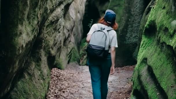 Πεζοπορία Πεζοπορία στα βουνά. Πίσω όψη της πίσω από μια γυναίκα νέους χόκεϊ το περπάτημα στο δρόμο με ένα σακίδιο πέρα από το φαράγγι του βουνού — Αρχείο Βίντεο