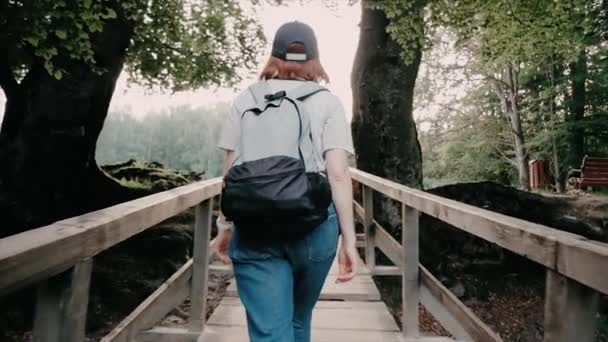 Молода дівчина ходить по дерев'яному мосту. Туризм і подорожі — стокове відео
